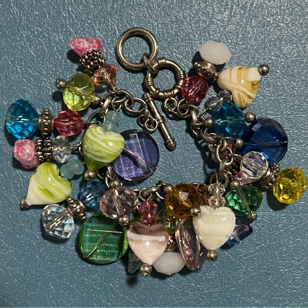 Multicolor Glass & Plastic Beaded Charm Dangle Cable Chain Bracelet Toggle Y2K
